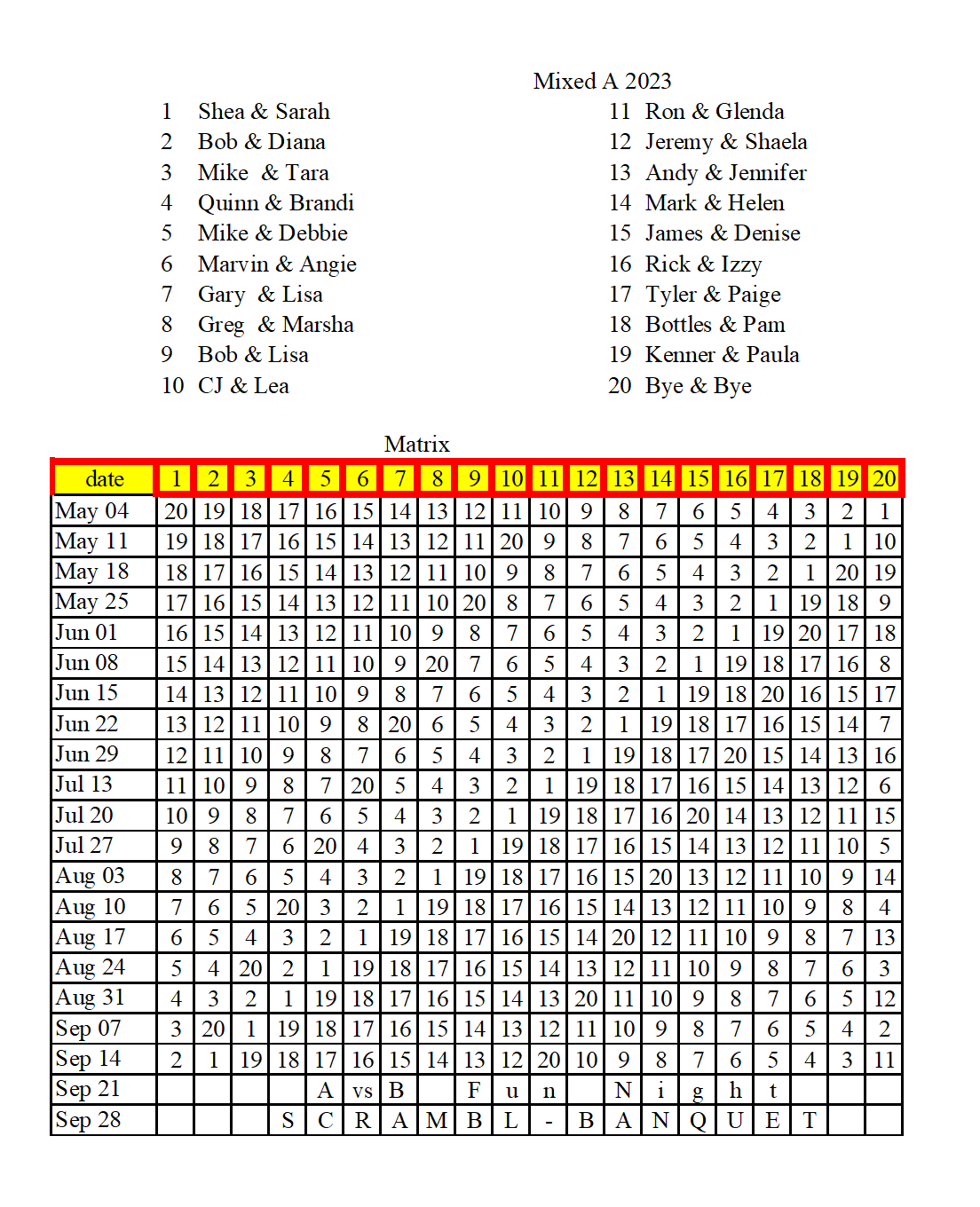 Mixed Group A Schedule Colonial Golf Course