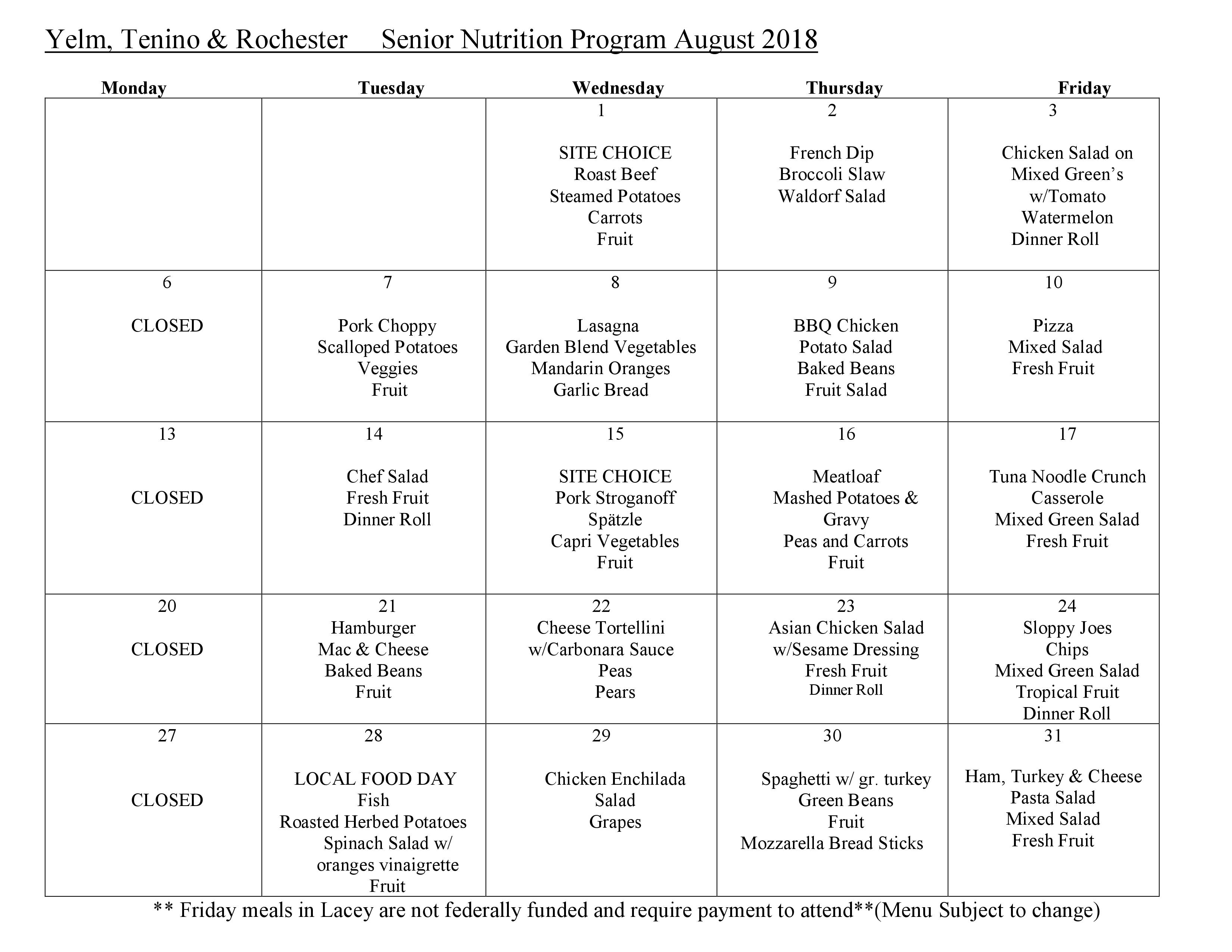 Menu Yelm Senior Center