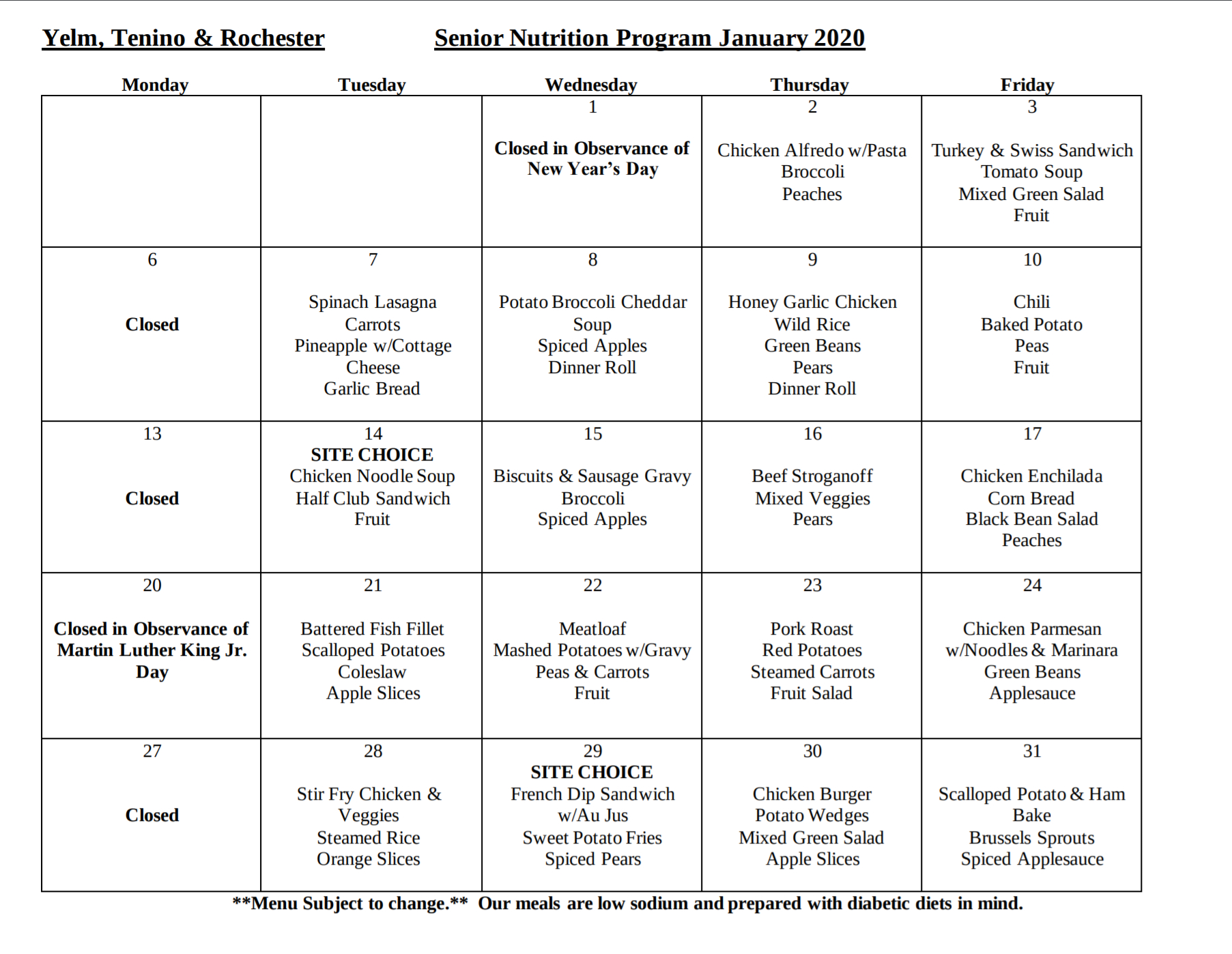 Menu - Yelm Senior Center