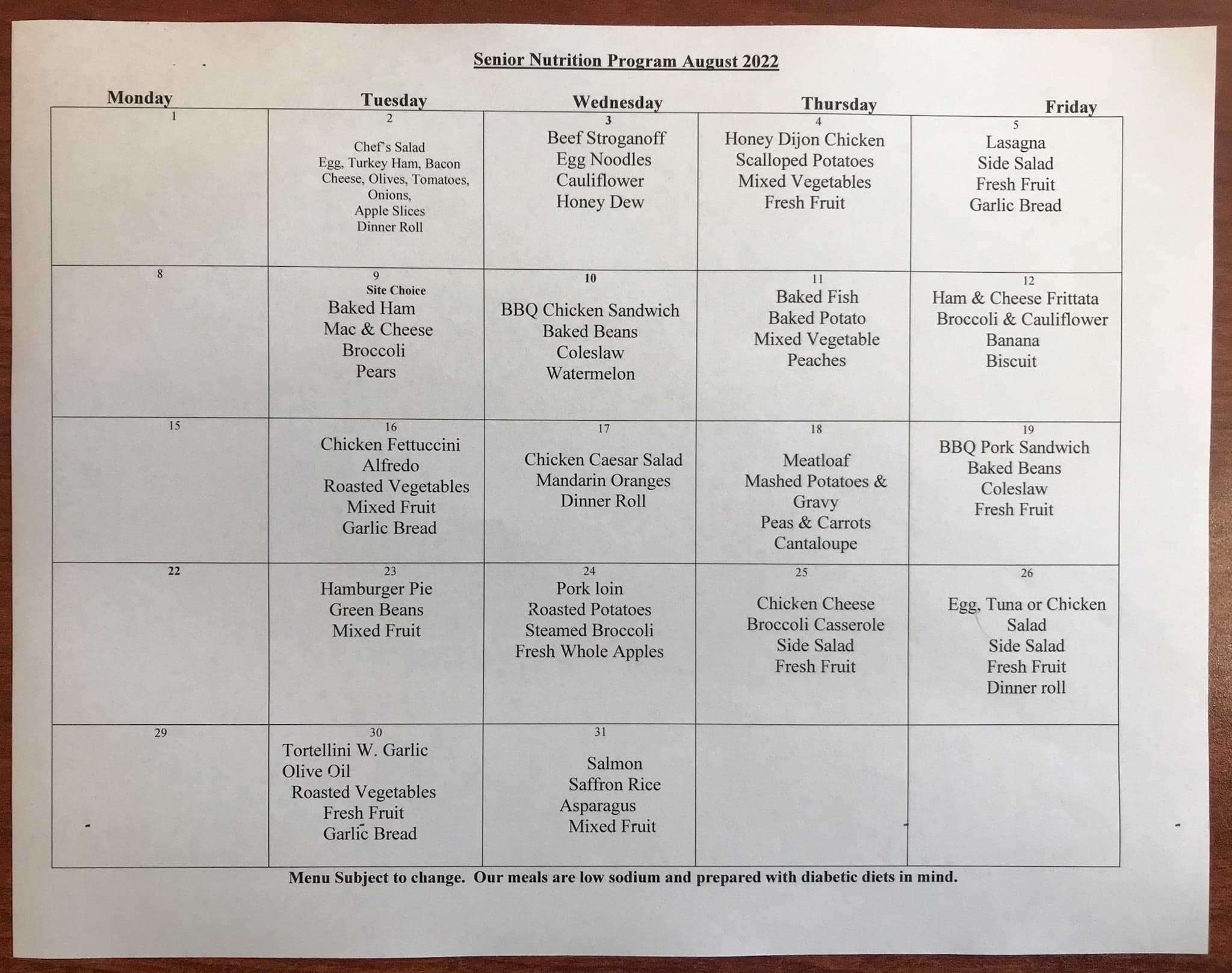 Menu Yelm Senior Center